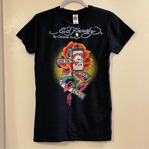 ED HARDY by CHRISTIAN AUDIGIER Golden Rose of Love Crew Neck Basic Tee in Black - Picture 3 of 5